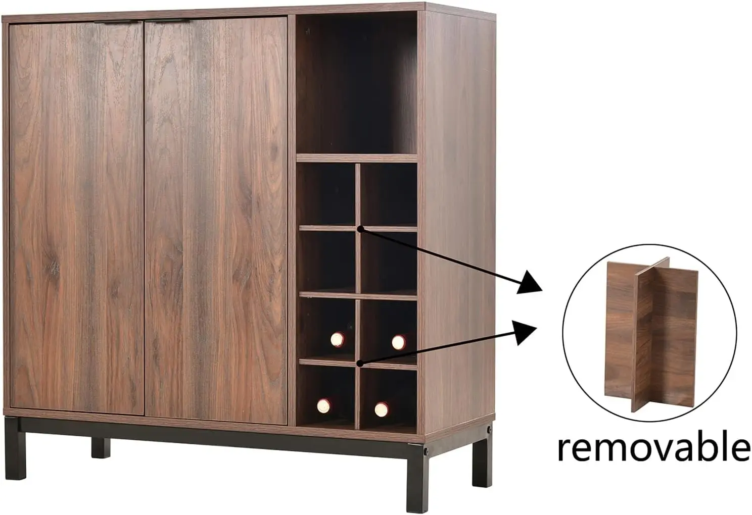 Veryke-Aparador de madeira Buffet Server Cabinet, Coffee Bar, 8 Garrafa Wine Rack, prateleiras removíveis, Cup Holder, armazenamento