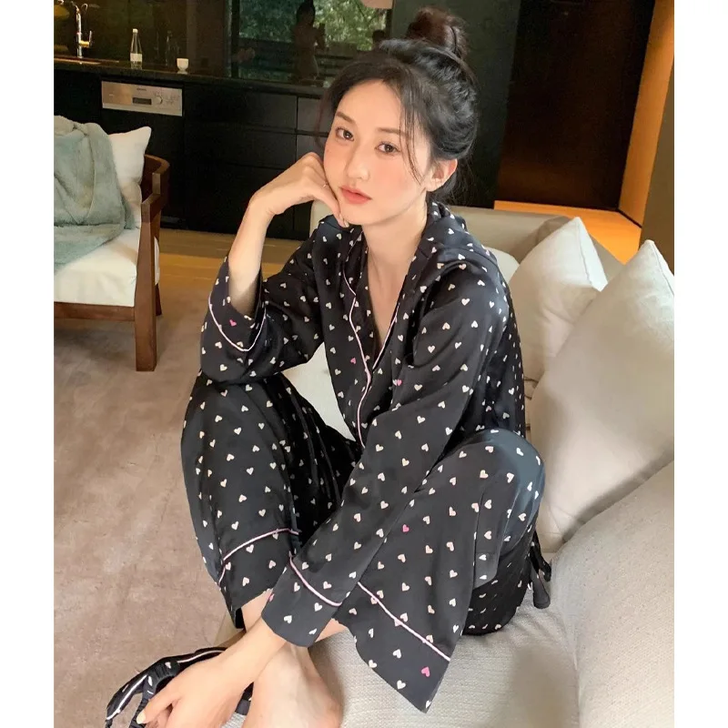 Women\'s Pajamas Sets Spring Autumn 2 Piece Print Heart Pyjama Faux Silk Satin Sleepwear Long Sleeve Pijama Mujer Pjs Homewear