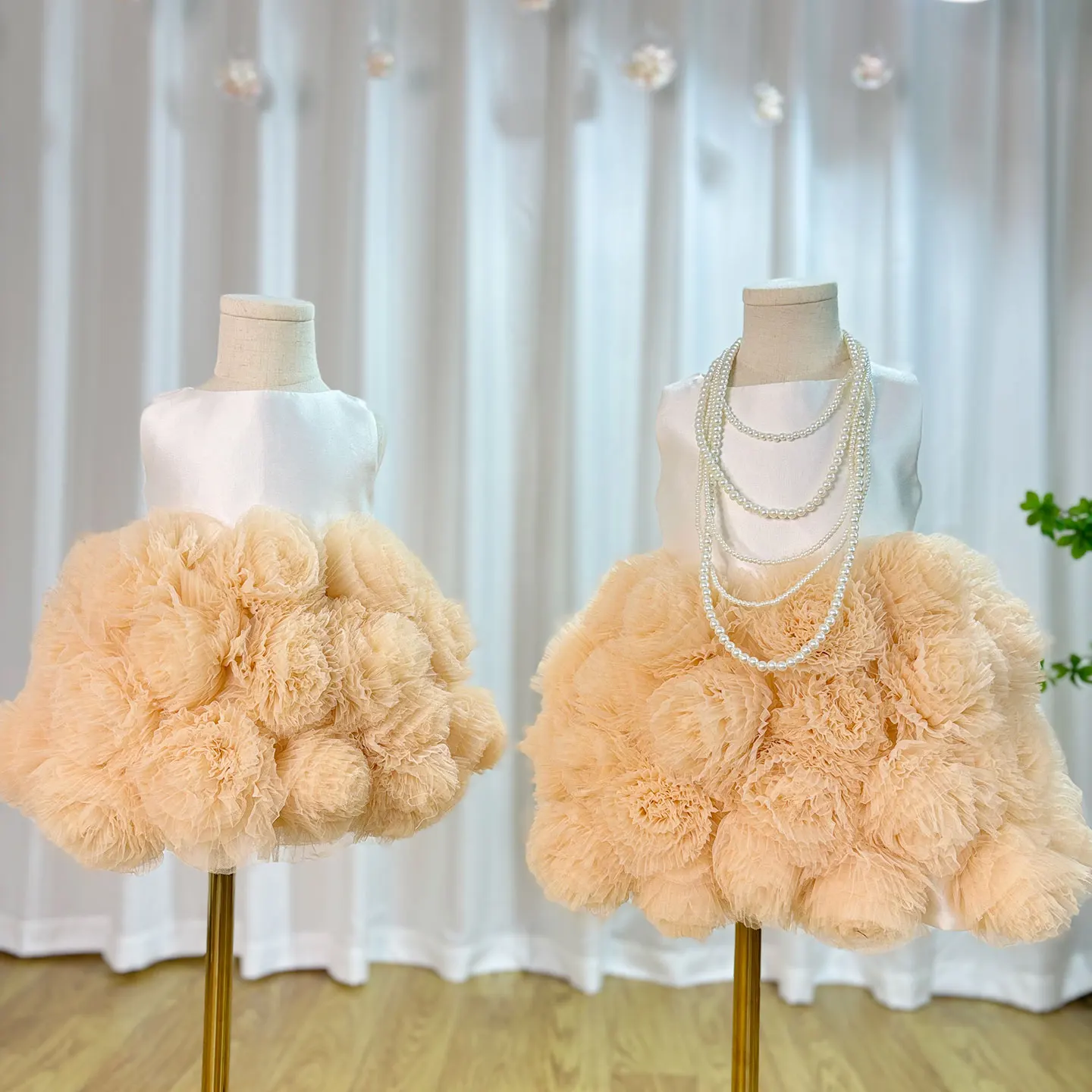 Mini Dubai Champagne Flower Girl Dresses Satin Handmade Flowers Baby Kids Birthday Wedding Party Gown Pageant