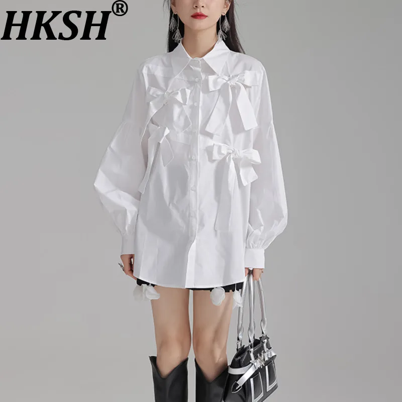 

HKSH Spring Autumn New Women's Shirt Bowknot Lantern Sleeves Single Breasted Versatile Blouse French Elegant Trendy Tops HK15068