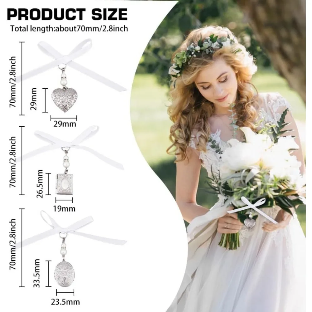 3 Style 316 Stainless Steel Wedding Bouquet Charm 3PCS Locket Pendant Decorations with Acrylic Imitated Pearl Beads and Satin