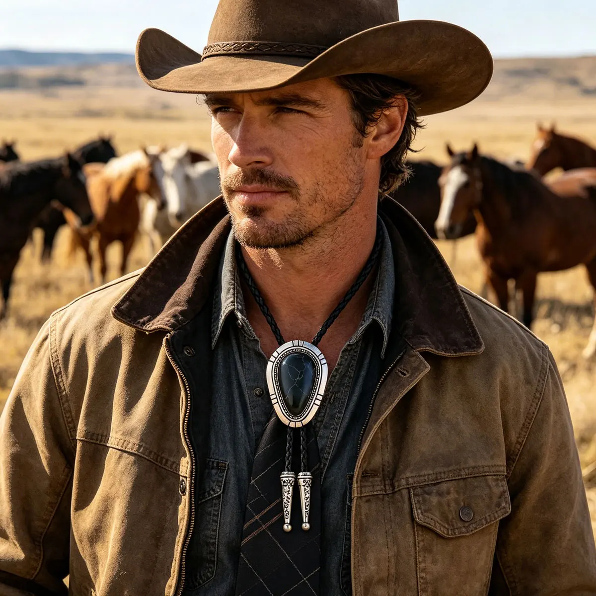 Western Cowboy Retro Mode Tropfenförmiger Metallkanten-Stil Schwarzer Obsidian Herren Bolo-Krawatte – Detail 1
