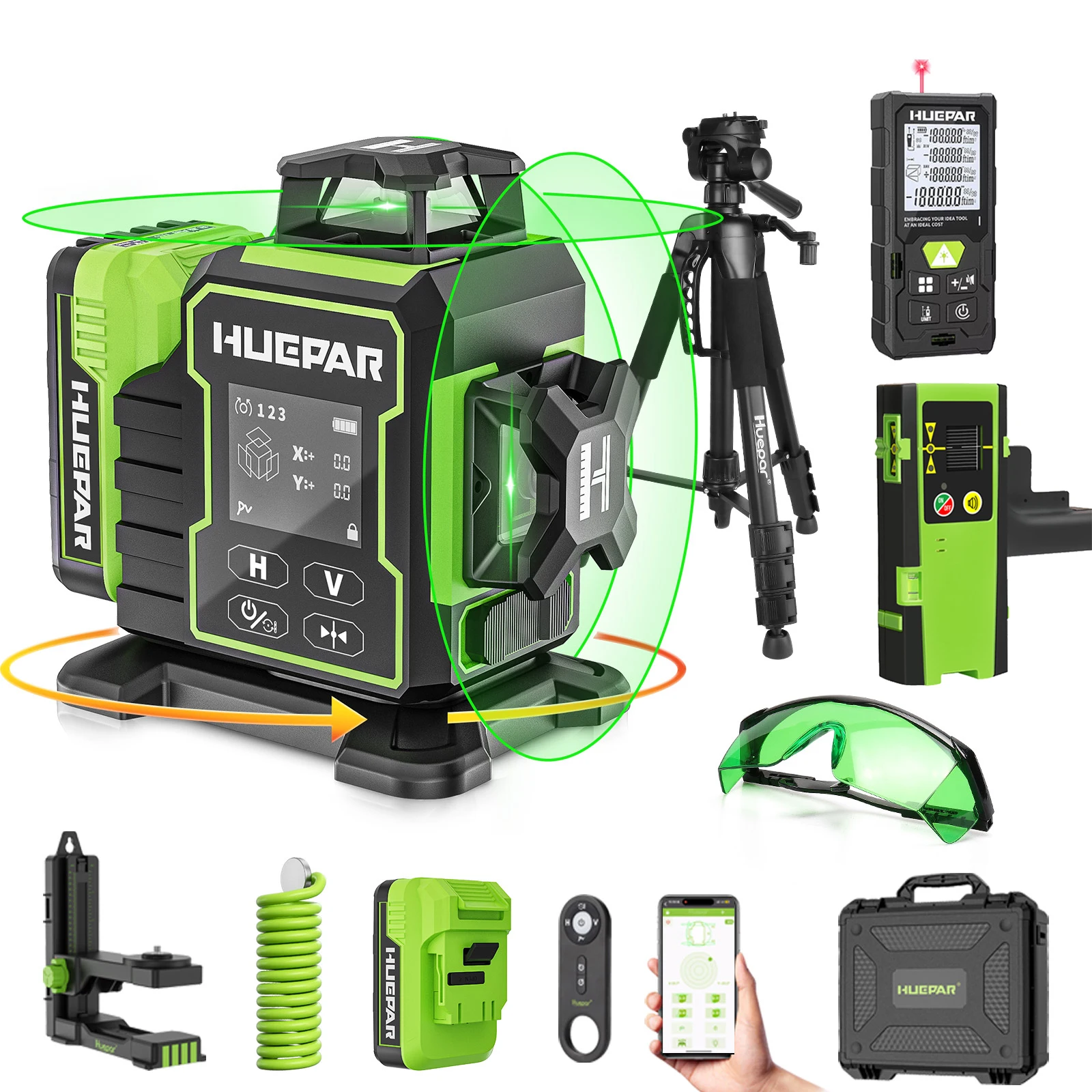 Huepar 3D-Lasernivelliergerät W03CG 12 Linien Grüner Kreuzlinienlaser Bluetooth-Lasernivellierwerkzeug mit Elektrischer Drehbasis & Großem LCD-Bildschirm
