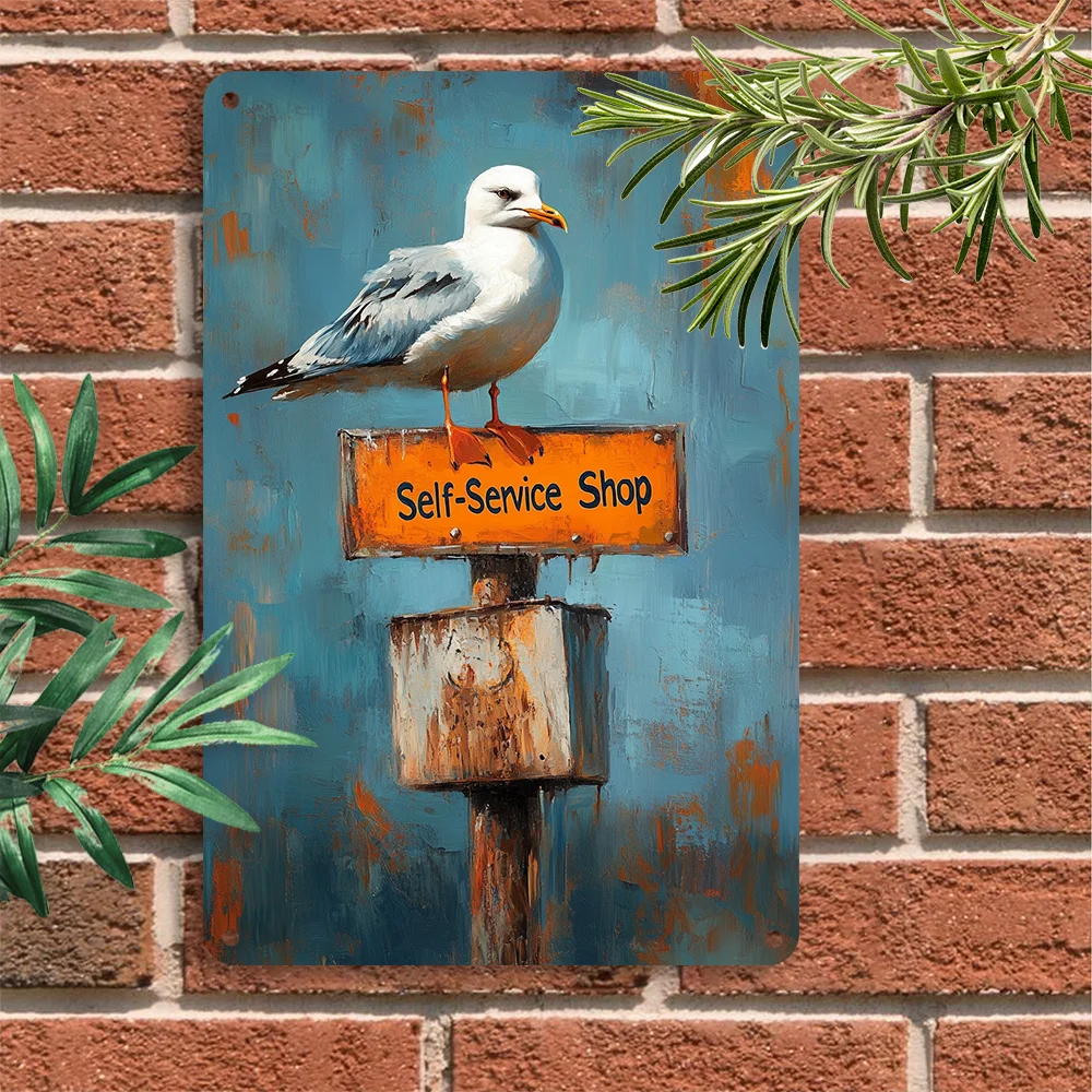 2D Flat, 1pc Vintage Seagull Seaside Shop Sign - Retro Self-Service Store Wall Decor with Seagull, Aluminum Metal Plaque