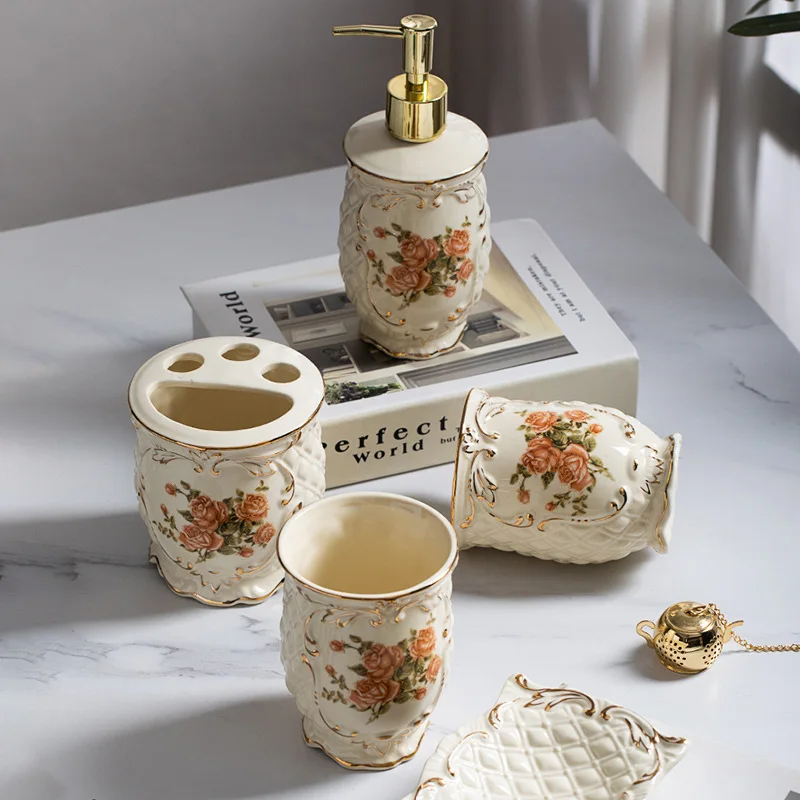 

Ceramic Flower Bathroom Set Bathroom Five Piece Set Ceramic Mouthwash Cup Brushing Cup Bathroom Decorations Rose Lotus Peony