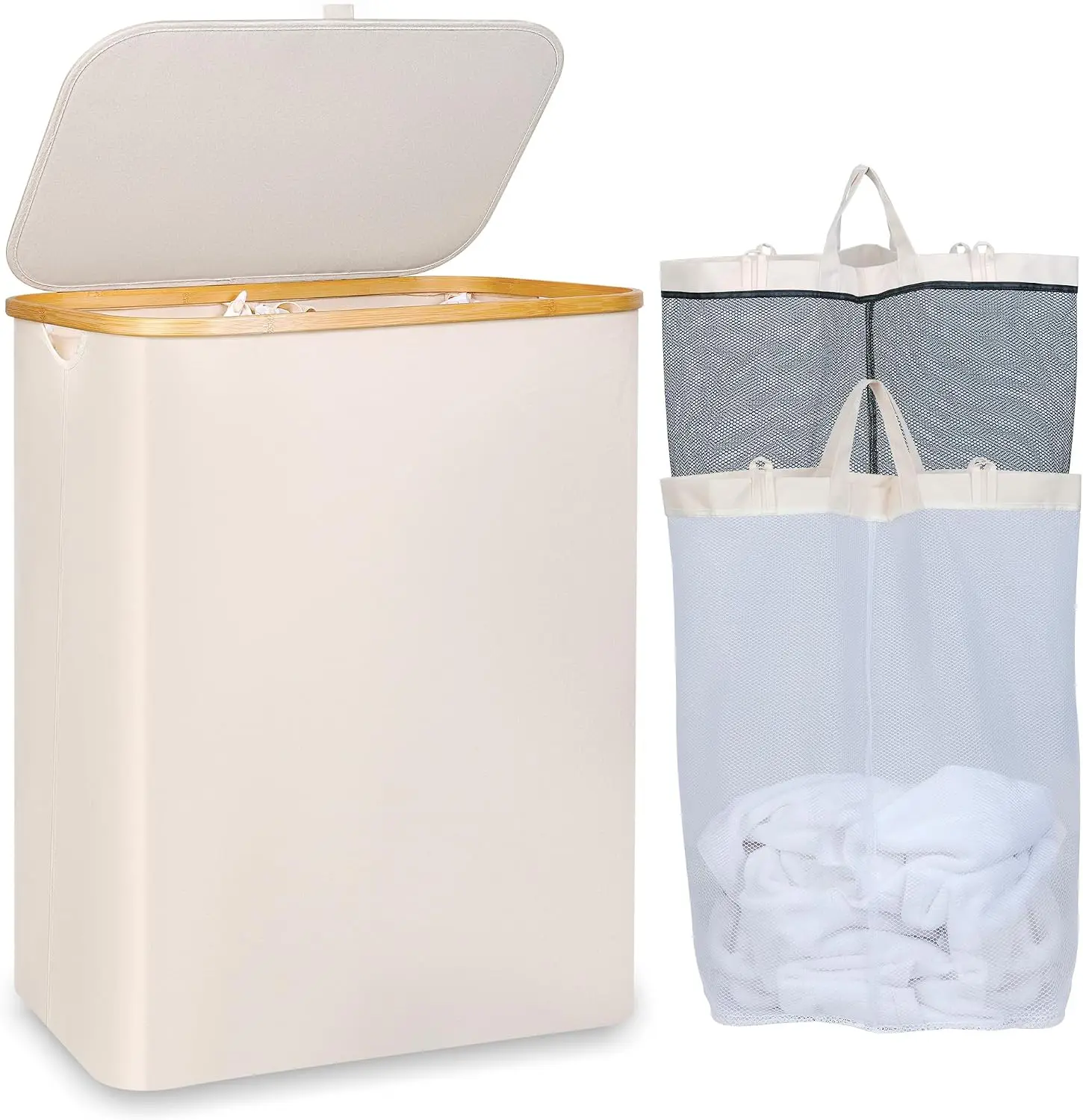 Cesto para Ropa Sucia con Tapa, Cesta de Lavandería de 150L con 2 Bolsas de Malla, Beige | Cesto para Ropa Sucia con Asa de Bambú
