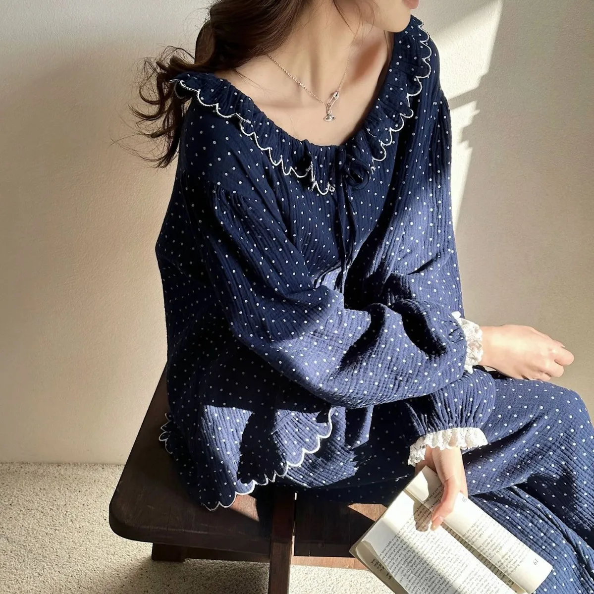 Spring New Princess Pyjamas Suit Long Sleeve Embroidered Lace Collar Nightwear 2PCS Pjs Women Pure Cotton Home Suit Loungewear