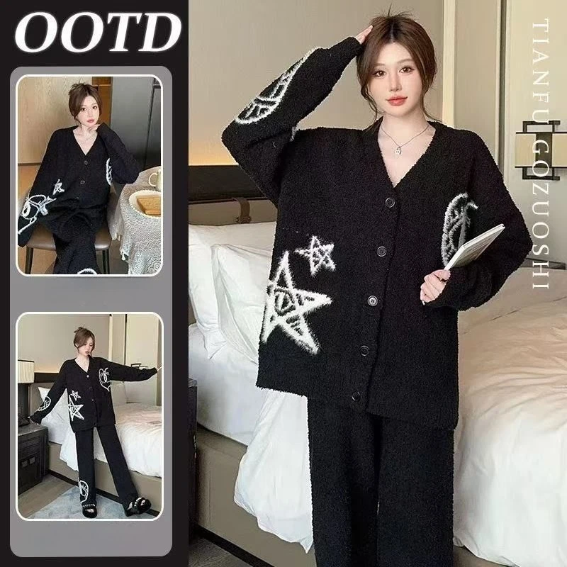 C 2026 New Women Star Pattern Knit Pajama Set Black V Neck Button Cardigan Soft Plush Sleepwear Casual Warm Home Loungewear Suit