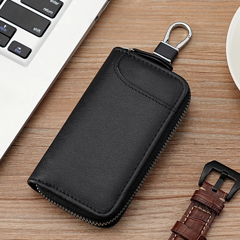 Simple retro zipper key bag Large capacity men's waist hanging leather women's card bag General Motors multi-function keychain