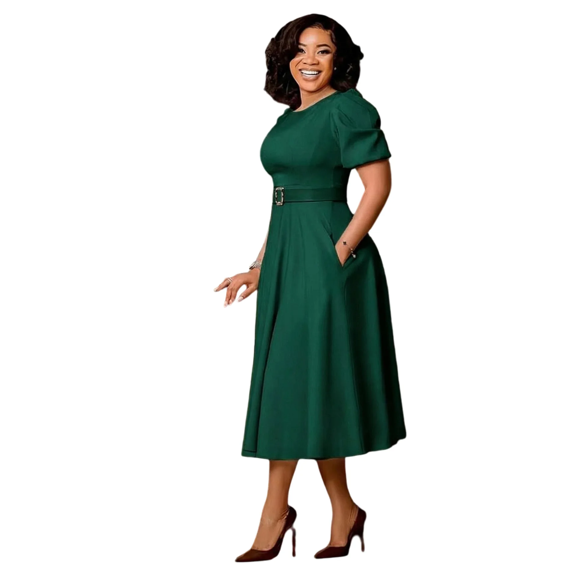 

2026 New Office Lady Work O-Neck Puff Sleeve Wrap Waist A-line Blue Dresses with Belt Women Fall Bodycon African Birthday Robe