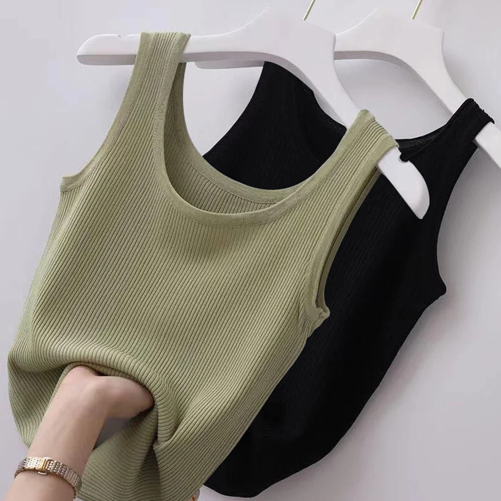 Frauen Sommer schlanke Crop Tops lässig ärmellose gerippte Fitness-Tanktops koreanische stilvolle einfarbige Unterhemd Leibchen plus Größe