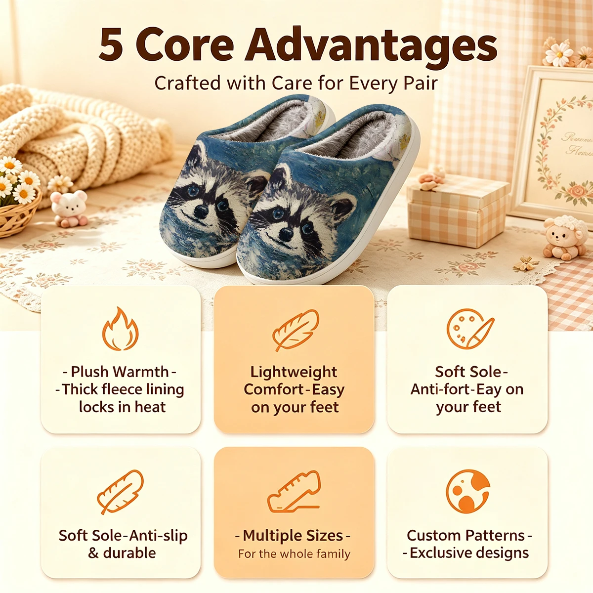 Lotus Raccoon Christmas White Slippers Warm Plush Indoor Shoes Non-Slip Winter Slippers Family Holiday Gifts Soft view 4