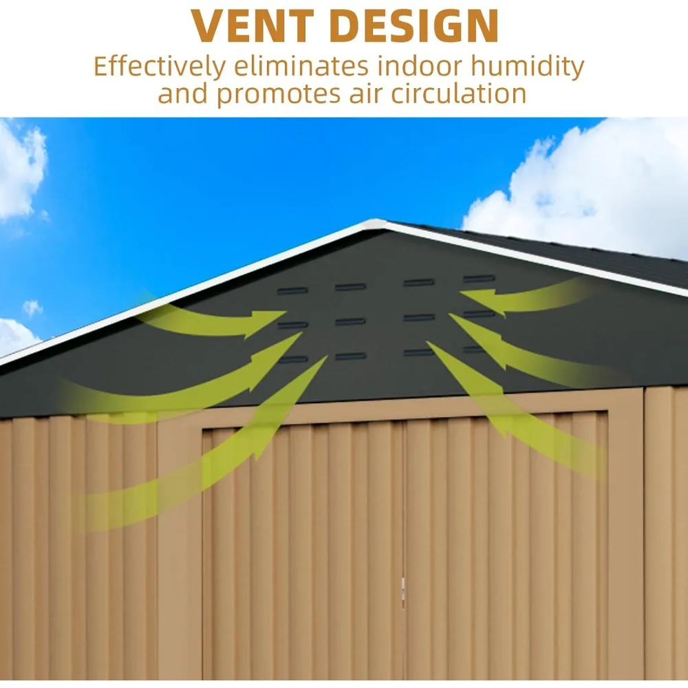 سقيفة تخزين كبيرة في الهواء الطلق، سقيفة حديقة معدنية مقاس 10 × 10 أقدام مع فتحة تهوية، قابلة للقفل، مناسبة لتخزين الأدوات والأثاث