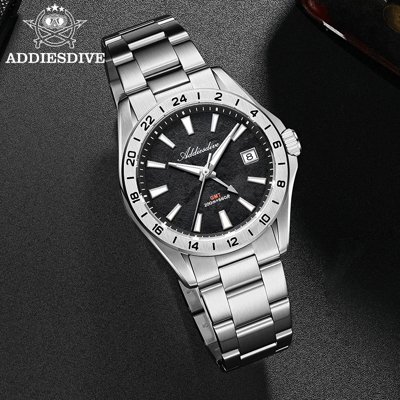 ADDIESDIVE GMT Quartz Watch Stainless Steel Luminous Waterproof 200M Men's Watches Sapphire Glass AD2548 Relogios Masculino NEW