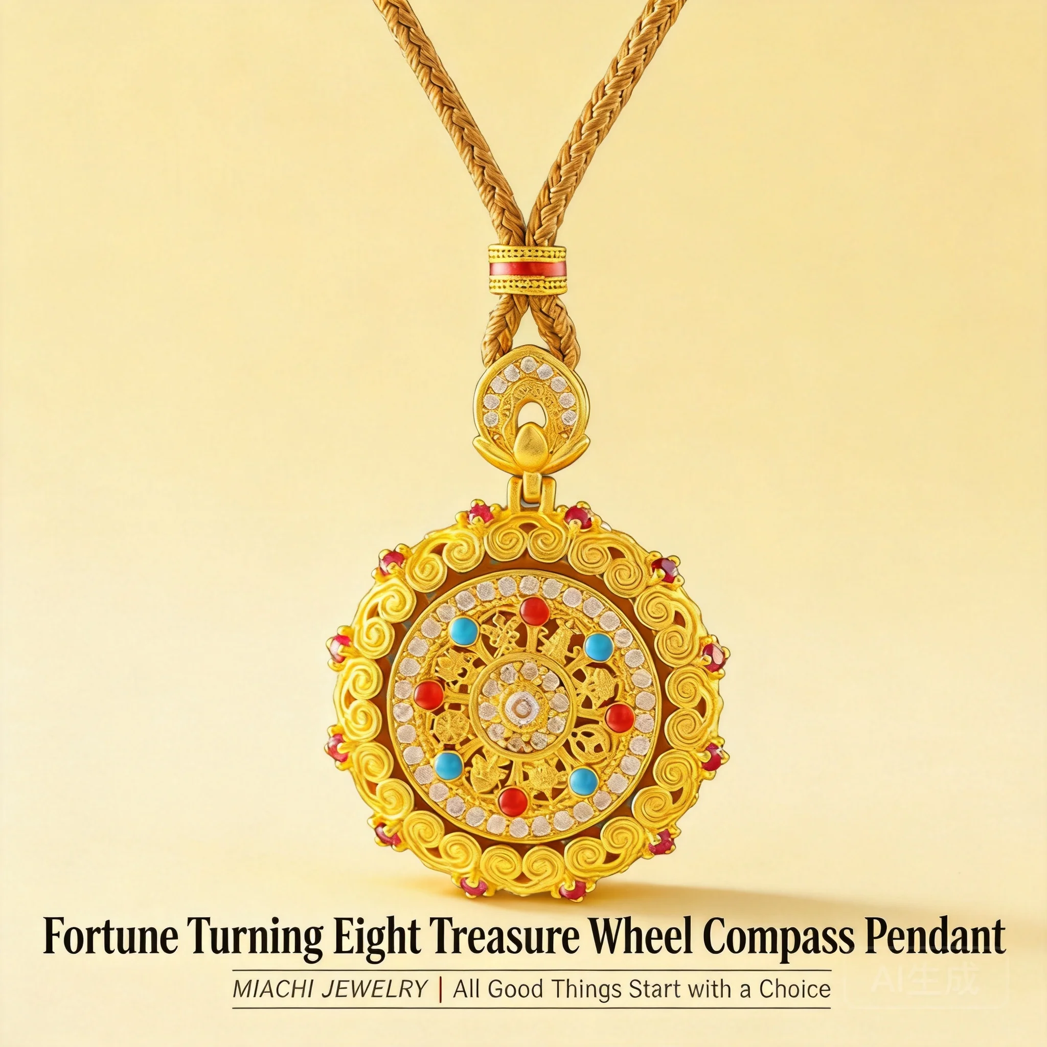 24k Gold Plated Chinese Traditional Eight Auspicious Treasures Rotatable Compass Pendant Inlaid Rhinestone Lucky Blessing Wealth