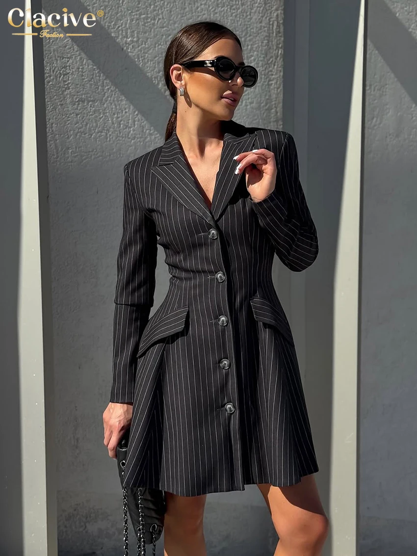 

Clacive модное женское платье в черную полоску 2026, весенние мини-платья с лацканами и длинными рукавами, элегантное классическое женское платье, уличная одежда