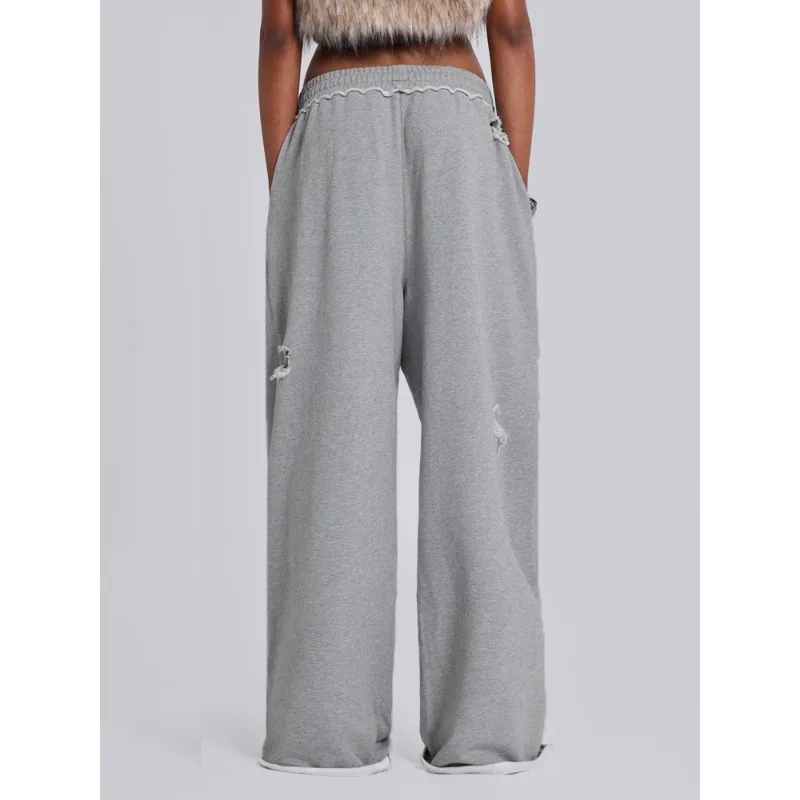 Deeptown Y2k Gray Hole Women Pants Jogging Wide Leg American Retro Hip Hop Sweatpants Solid Color Baggy Casual Streetwear Summer