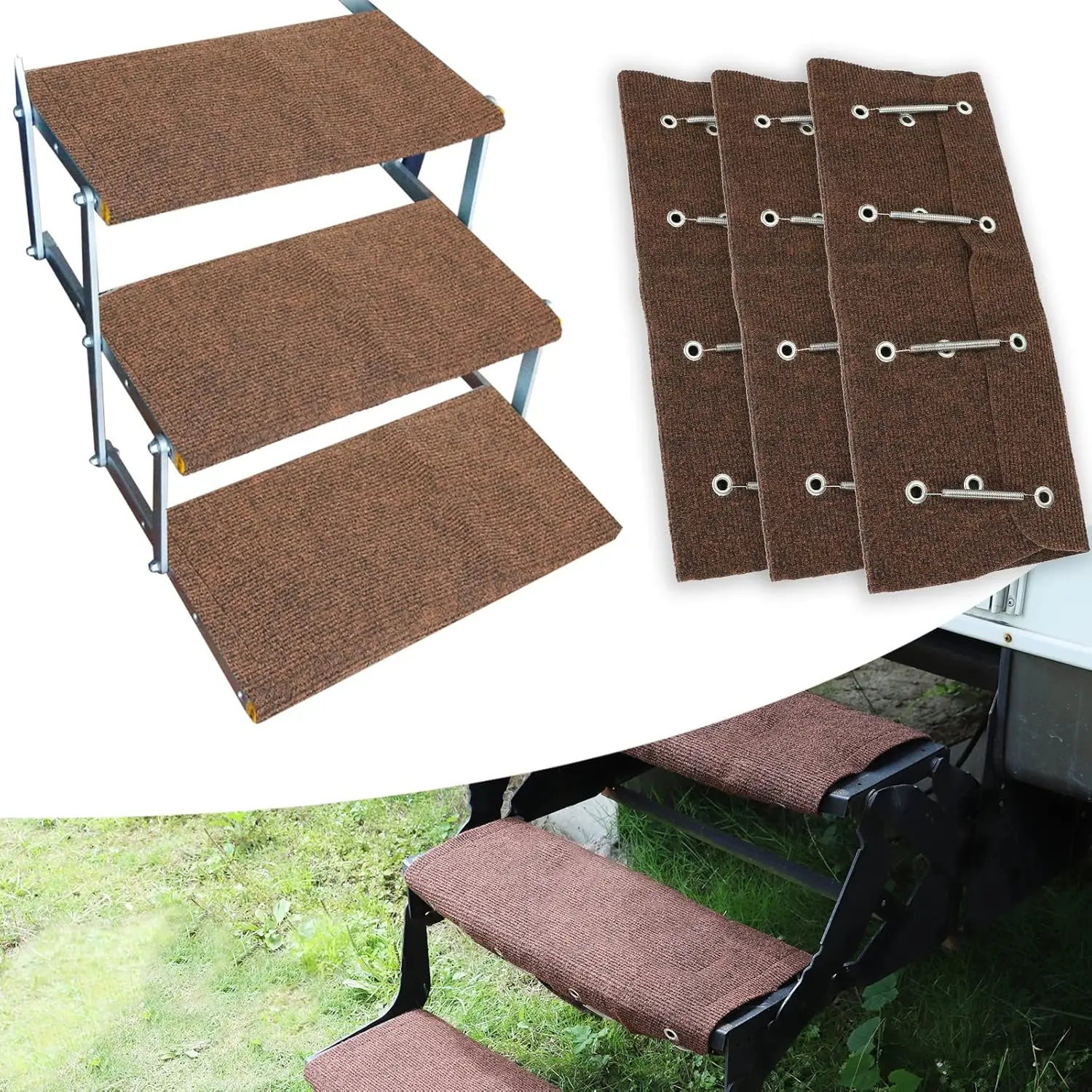 

RV Steps Covers Rugs 3 Pack, 23 Inch Wide RV Camper Step Stair Covers Rugs Radius Carpet with Spring Hooks, Brown