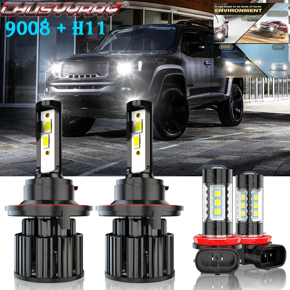 

CHUSYYRAY Compatible For Jeep Renegade 2015-2020 LED 9008 Headlight Hi/Lo Beam Fog H11 Light 4 Bulbs Combo Car accsesories