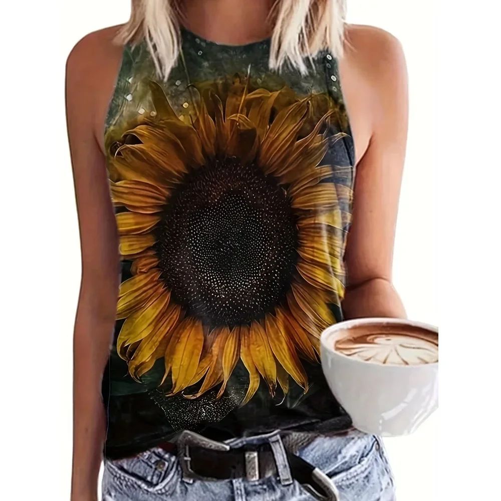 

Plus Size Women's Sunflower Print Top Casual Sleeveless Loose Tank TopWomen's Casual Sleeveless Square Neck Vest