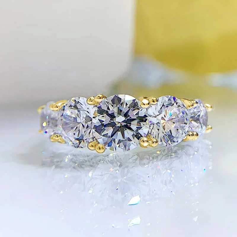 OXTAO Funkelnder 5-Steine-Moissanit-Diamantring für Damen, 14 Karat Gold gefüllt, Ehering, Fingerringe, Schmuck, Paar, zertifiziert – Detail 6