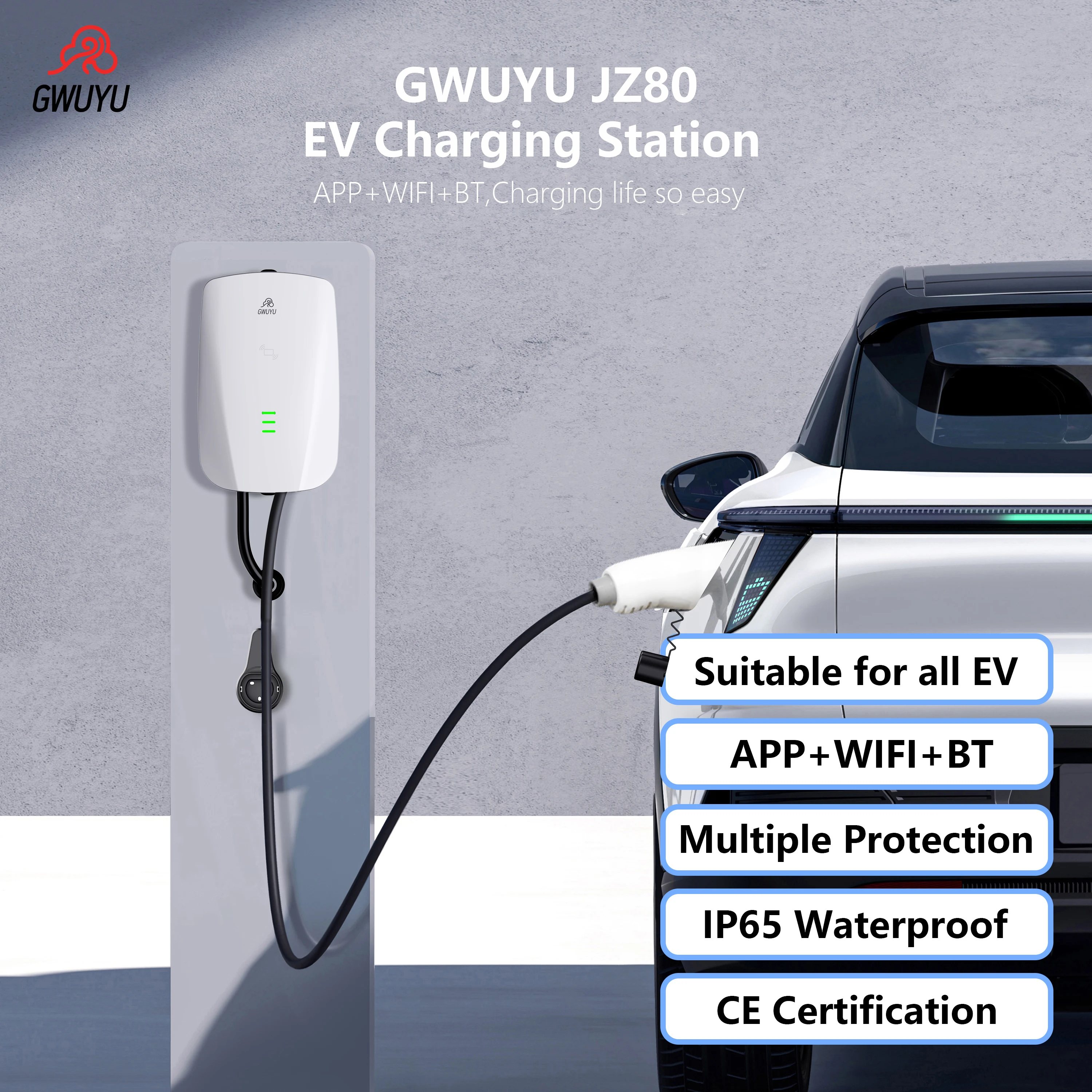 GWUYU Wallbox JZ80 EV Charging Station 220V Type 2 5M Cable 7.6KW 11KW 32A 16A 3 Phase Vehicle Charger APP WiFi Swipe Charging