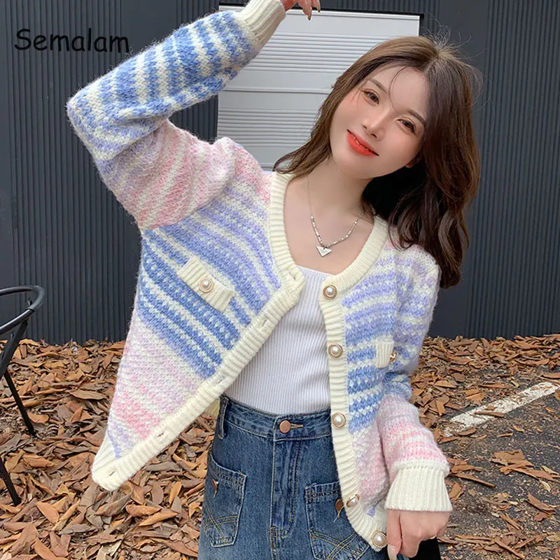 2023 Autumn Rainbow Knitted Cardigan Button Long Sleeve Casual Elegant Sweater Female Kawaii Y2k Clothing Korean Style Pullover