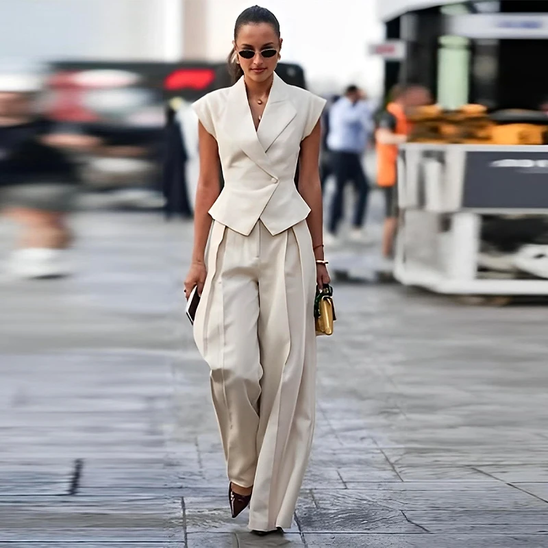 Setelan Celana Rompi Slim Fit Solid Kaus Kerah Wanita Atasan Lengan Pendek Satu Kancing Celana Panjang Longgar Pakaian Jalanan Harian Kasual Baru