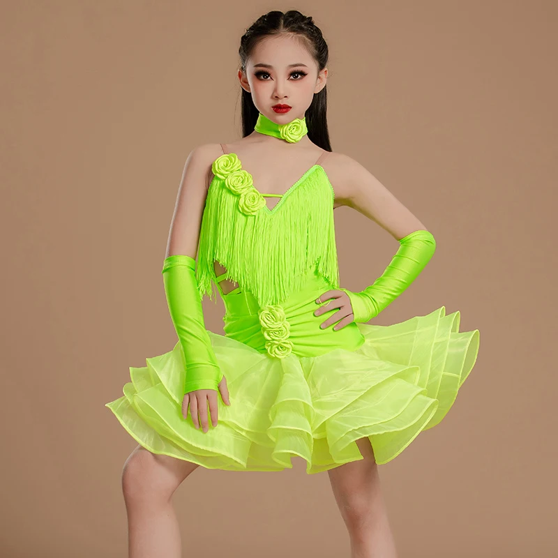 Ensemble de costume de performance à pompons pour enfants haut de gamme, costume d'entraînement pour filles de danse latine pour enfants