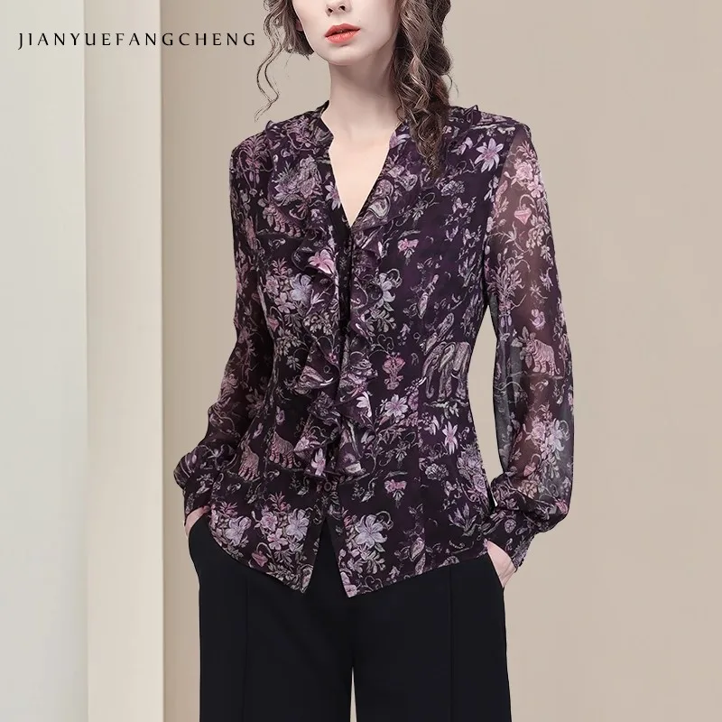 

2025 Fall New Women' Floral Printed Chiffon Top With Ruffles Trim, Long Sleeve V-Neck Button-down Vintage Casual Shirts