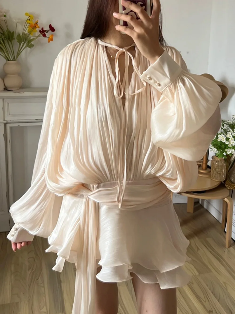 Italian Solid Blouse Mini Dresses for Women V Neck Long Sleeve Spliced Lace Up Sweet Style Dress Female Clothing Fashion