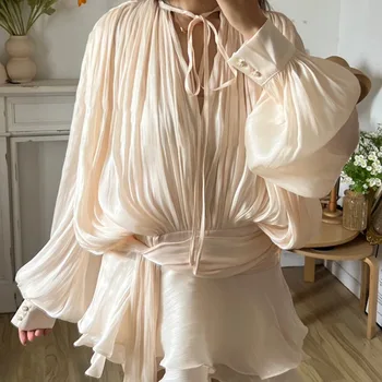 Mini robe chemisier italienne solide pour femmes, col en V, ...