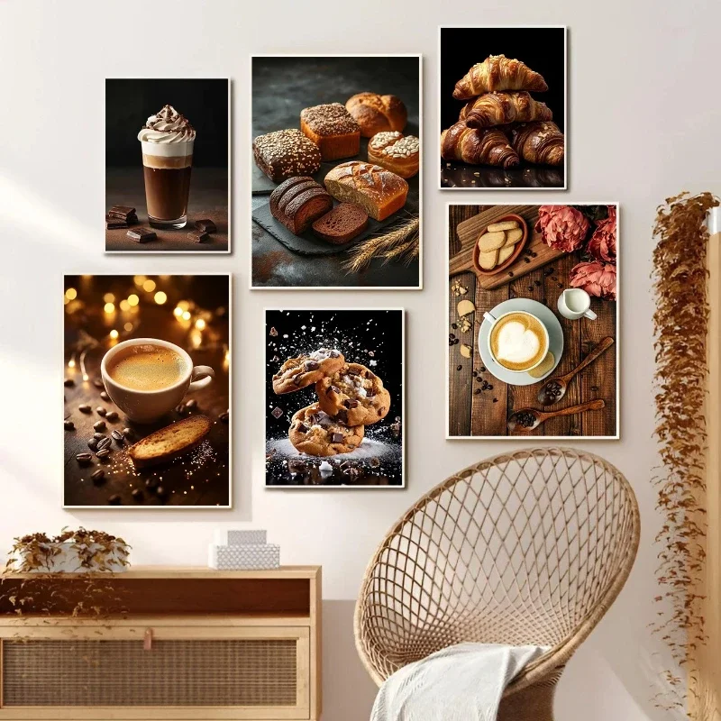 1pc frameless Canvas Painting Classic Afternoon Tea Delicious Coffee Croissant Doughnut Food Poster Canvas Paintings Wall Art Pi