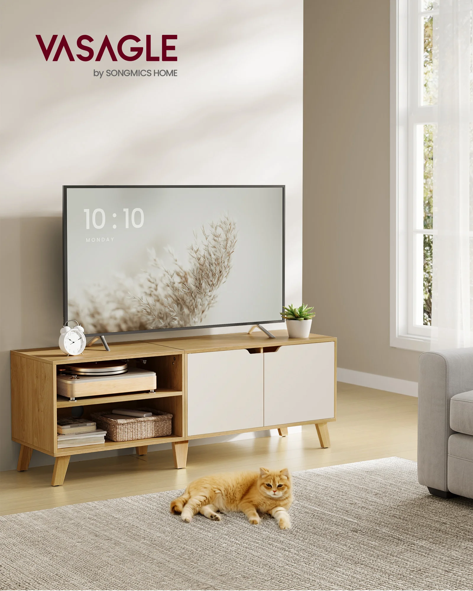 Meuble TV 2 Portes, Longueur 140 cm, pour Téléviseurs 60 Pouces, Salon, Salle à Manger, Chambre, Chêne Naturel et Blanc Crème