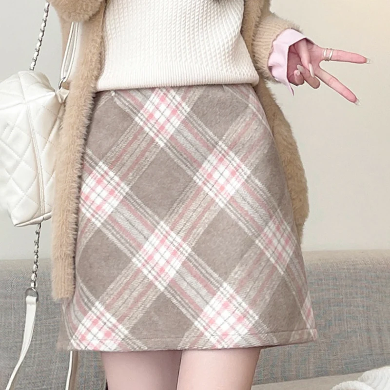 Outono inverno coreano xadrez saia de lã feminina cintura alta emagrecimento envoltório hip mini saias y2k engrossar quente curto a linha saia mujer