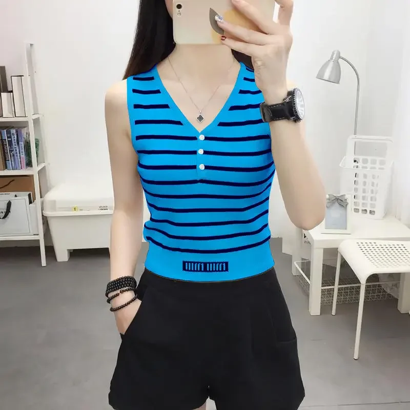 New Summer Ice Silk V-neck Striped Color-blocking Short Vest Suspender Women's Thin Sweater Top Trendy