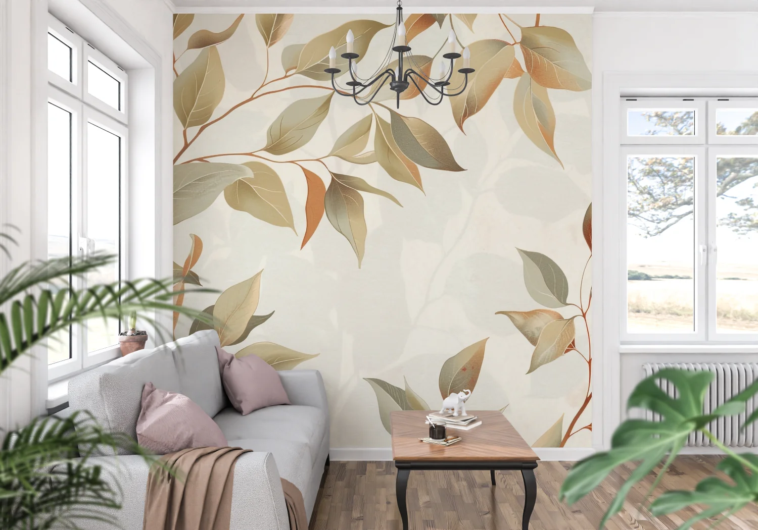 Customized murals, tropical jungle plants, leaves, big trees wallpaper cream colored hand-painted big tree decorations 3d mural