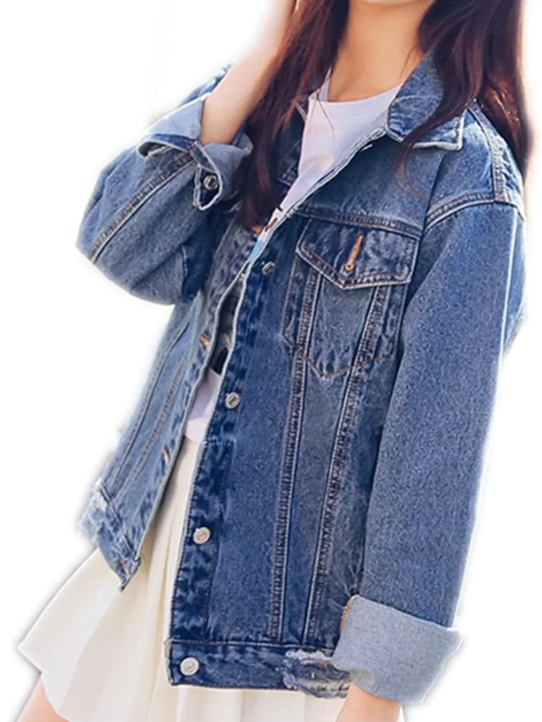 แจ็คเก็ตยีนส์ทรงบอยเฟรนด์แบบโอเวอร์ไซส์ สไตล์ดิสเทรส สำหรับผู้หญิงและเด็กผู้หญิง เสื้อโค้ทยีนส์ทรงทรัคเกอร์