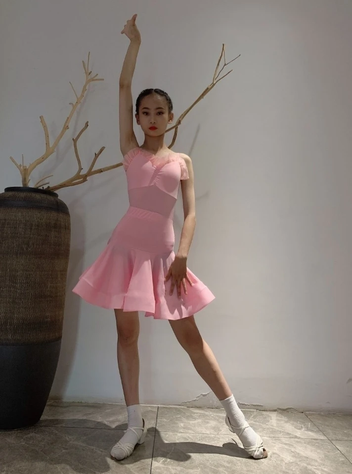 

Цельный комплект с юбкой, новое платье для латинских танцев для девочек, детский тренировочный летний костюм на бретельках для девочек, розовый костюм