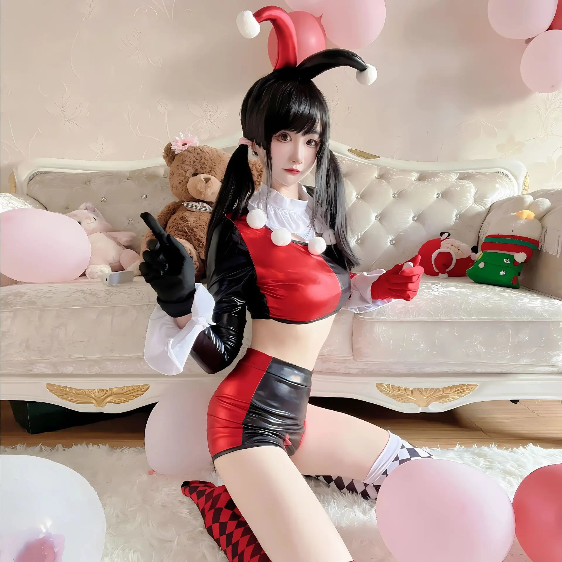 Sexy strakke Halloween-podiumclownkostuum Rood Bla Rolplang Outfit Grappig clownpak Etnisch toneelkostuum voor dames