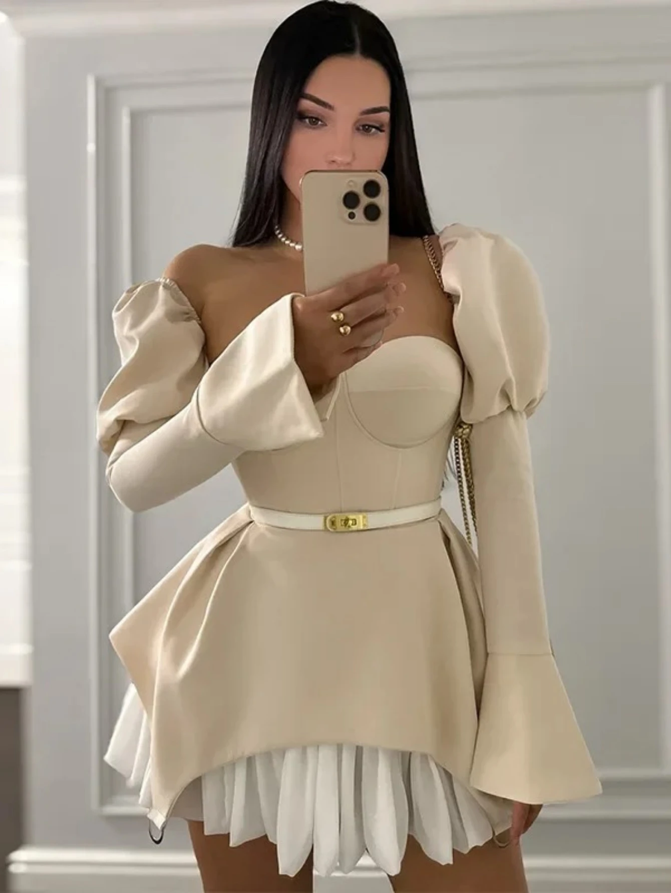 

Summer Design Sense Wrap Chest Splice Irregular Bubble Sleeve Dress Short Skirt Cross-Border Women's Fashion Polyester Fiber