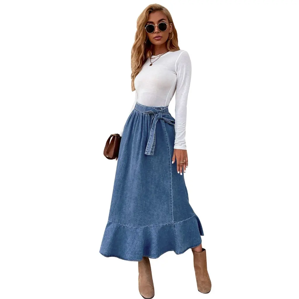 

Women's High Waist Denim Skirt 20129# European And American Style Casual Mid-length Sheath Ruffled Pleated Skirt