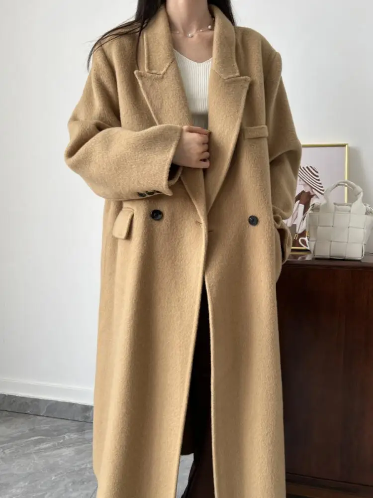 Office Lady Woolen Jackets 2024 Autumn And Winter Suit Collar Double Breasted loose Long Women\'s 100% Wool Coats