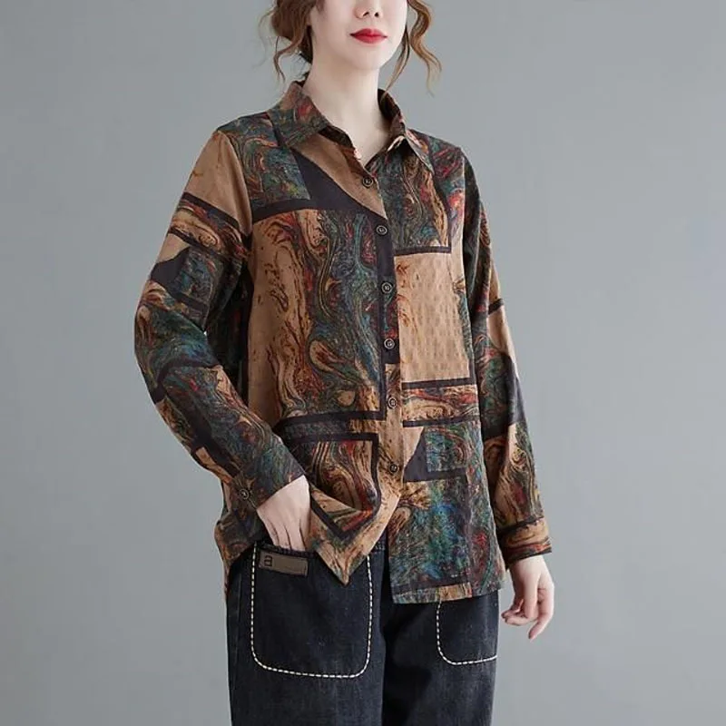 Color Painting Lattice Printing Thin Vintage Literature Art Single Breasted Shirt National Style Turn Down Collar Women Oversize