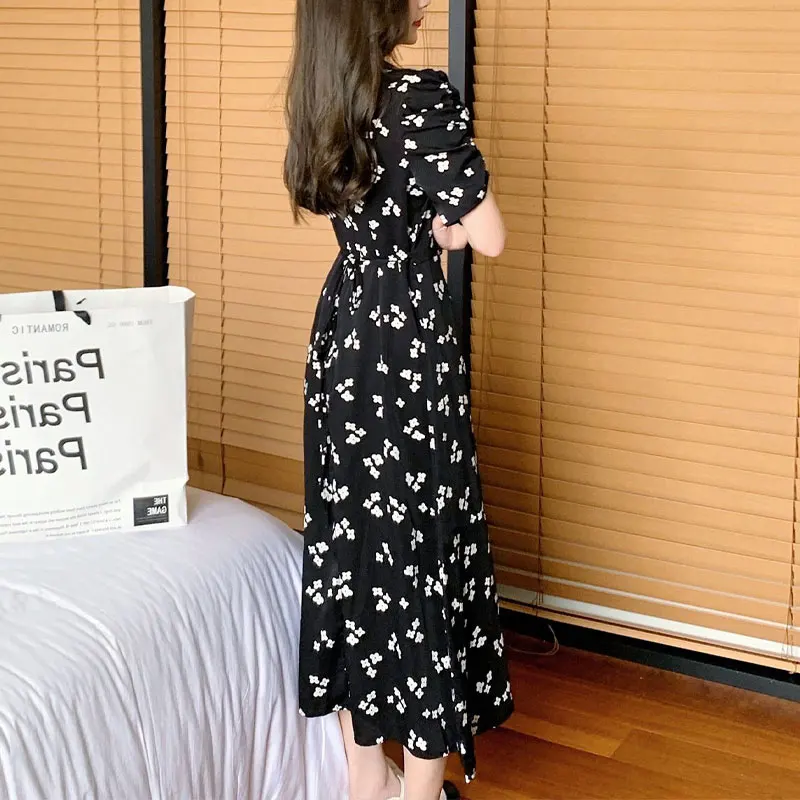 Female Clothing Waist Long Dress Vintage Broken Flowers Printed Summer French Style Elegant V-Neck Fashionable A-Line Dresses