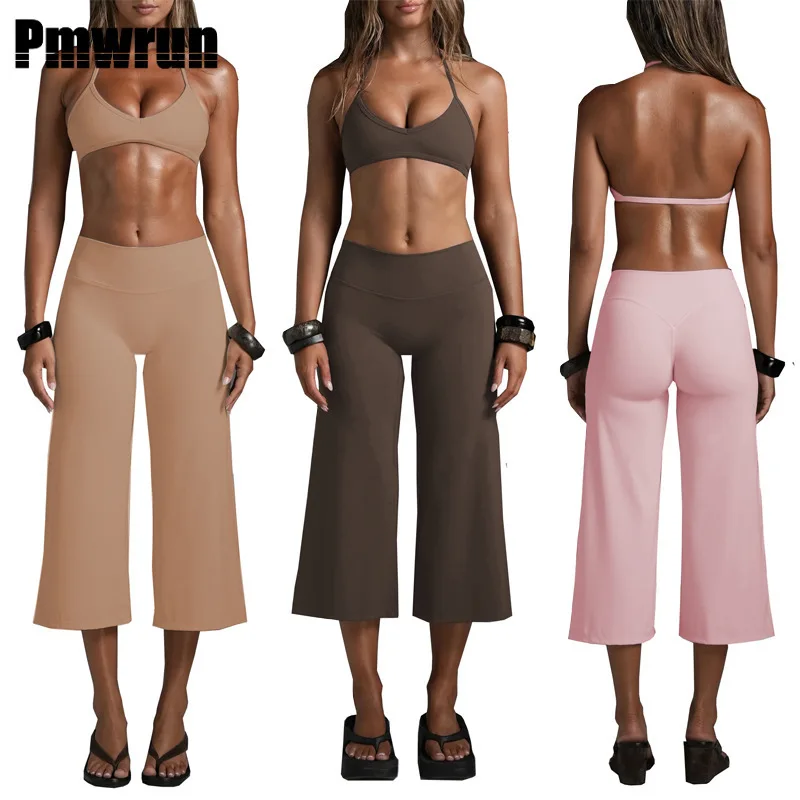 PMWRUN Set da yoga da donna in 2 pezzi, reggiseno con collo all'americana, pantaloni capri a vita alta e gamba larga, multicolore, morbidi ed elastici, per palestra, yoga, uso quotidiano