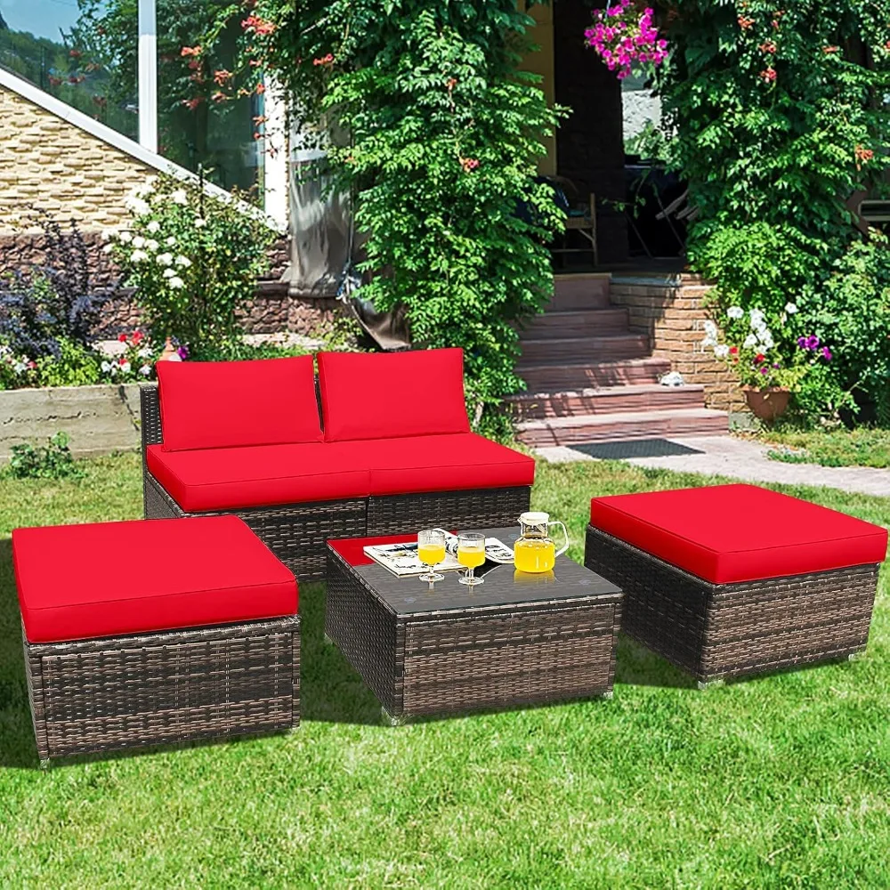 5-piece chaise longue set with ottoman and coffee table, outdoor rattan wicker chaise longue, sofa bed, sofa set with cushions