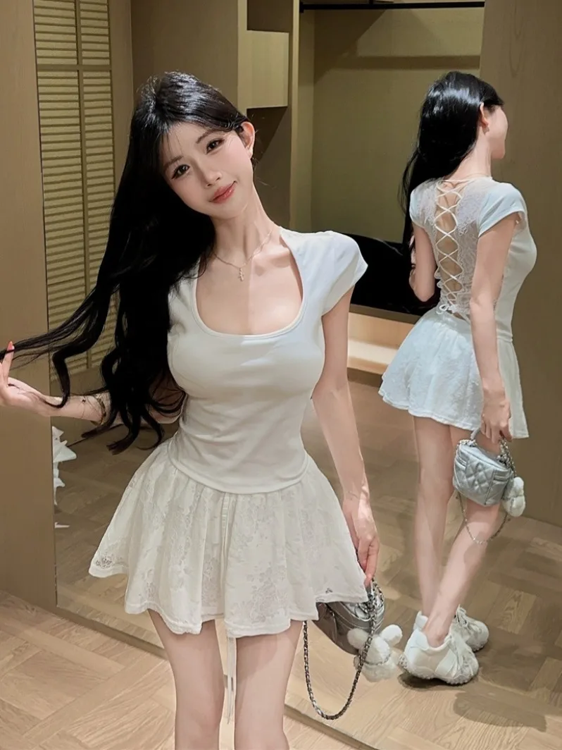 

Sweet And Spicy Girl Unique Beautiful Lace Backless Short Sleeve T-Shirt A-Line Puffy Skirt Two-Piece Set Summer Fashion Wome...