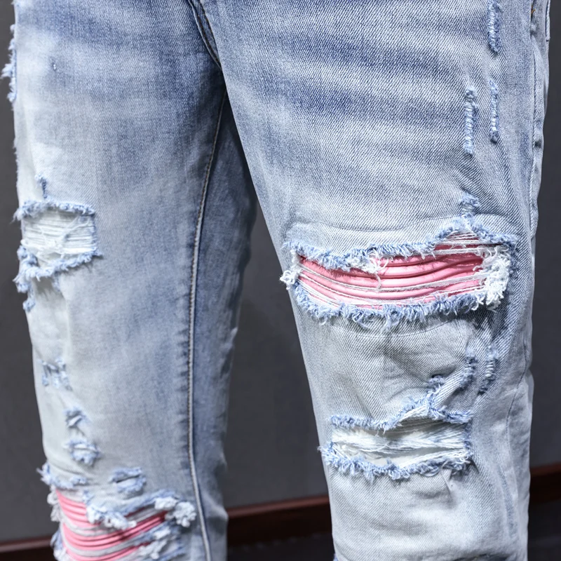 Designer High Street Fashion New Jeans Wrinkled Red Patch Washed Nostalgic Light Blue Men's Jeans High Quality Hip Hop Brand Pan