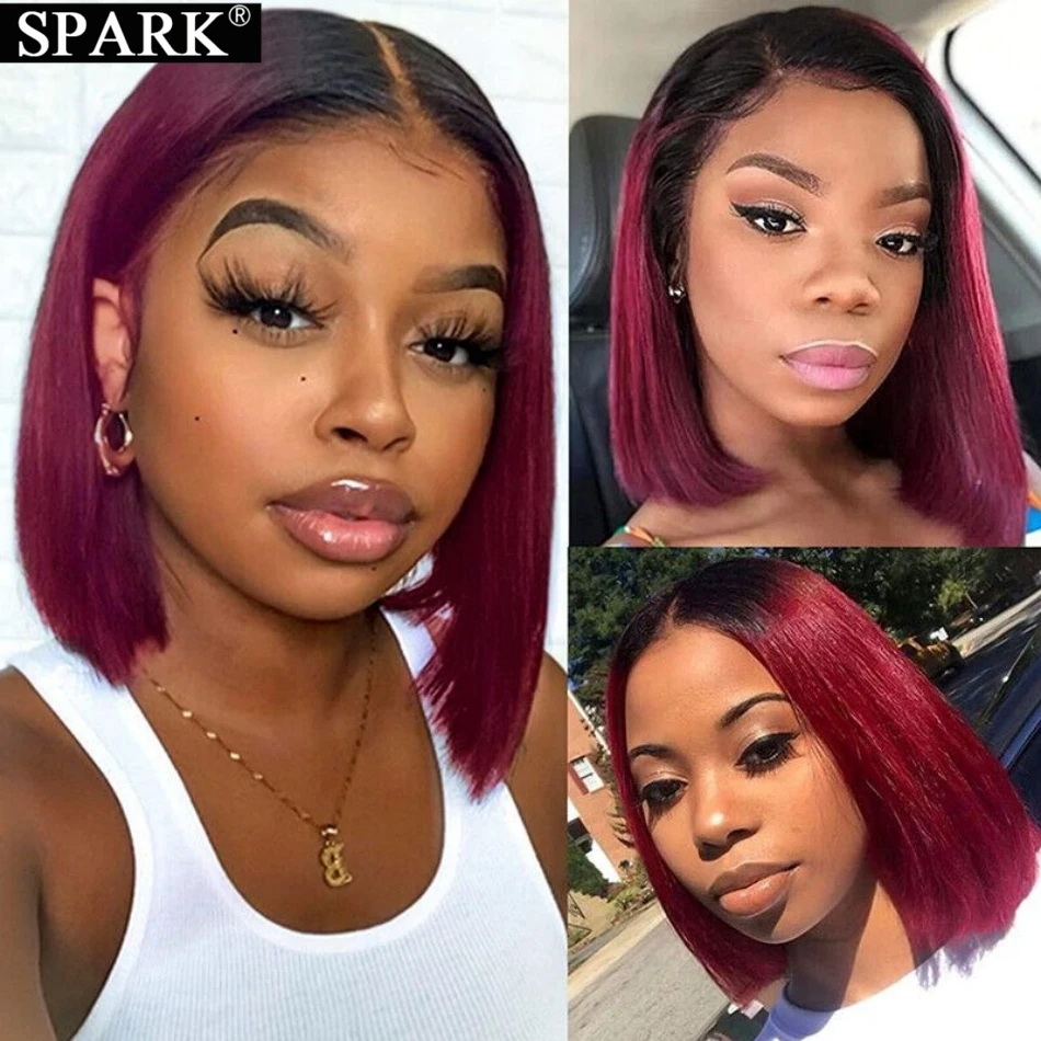 Glueless Burgundy 1B/99J Short Straight Bob Wig Brazilian Human Hair 99J 4x4 Lace Closure Pre Plucked 180% Density 12/14/16 Inch